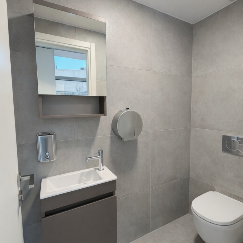 Office bathroom after renovation with modern design, Canon Athens Greece