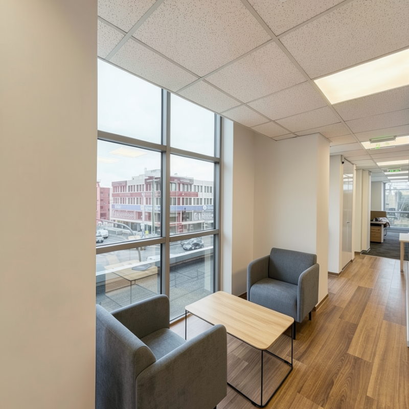 Bright office interior after renovation with natural light, Athens Greece