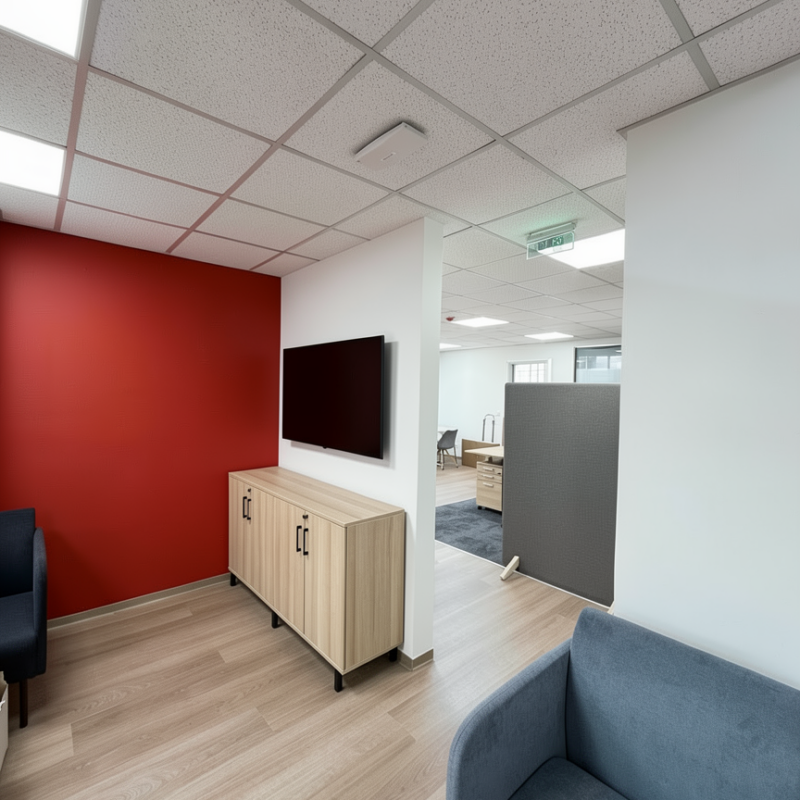 Modern office lounge area after renovation, Canon Athens Greece