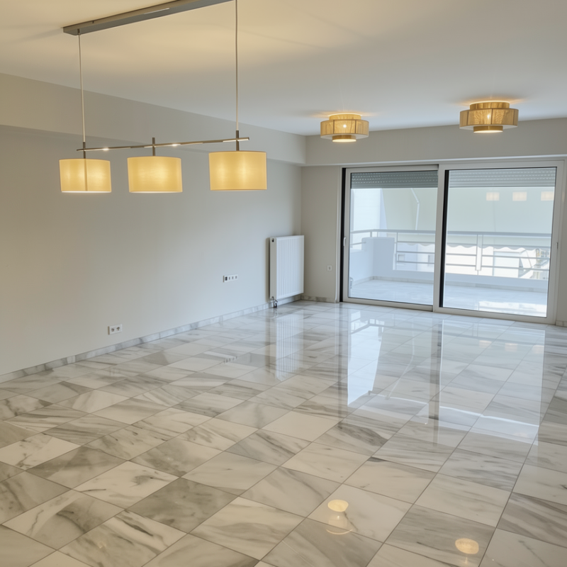 Open-plan living and dining area after renovation, Paleo Faliro Athens