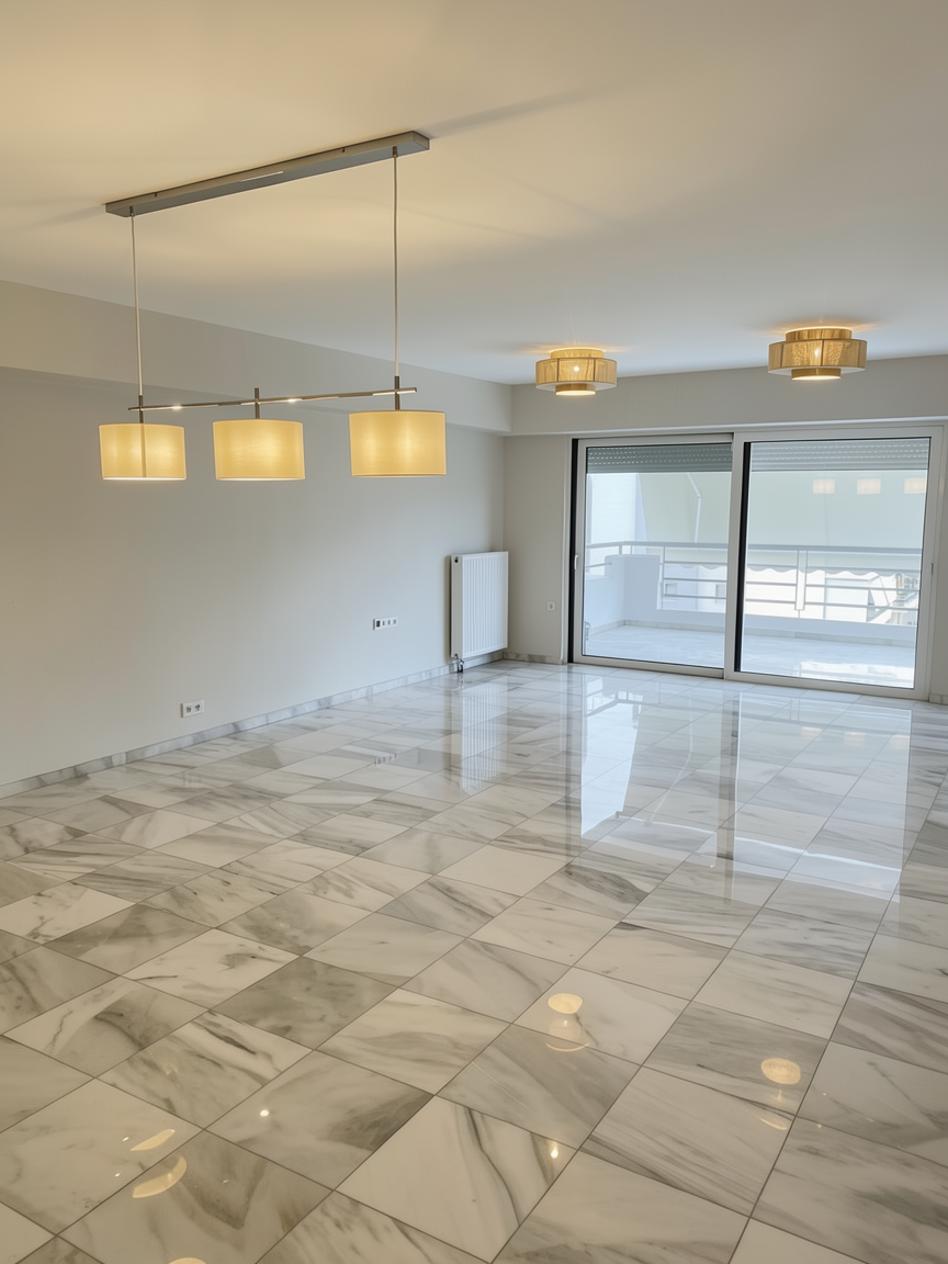 Open-plan living and dining area after renovation, Paleo Faliro Athens