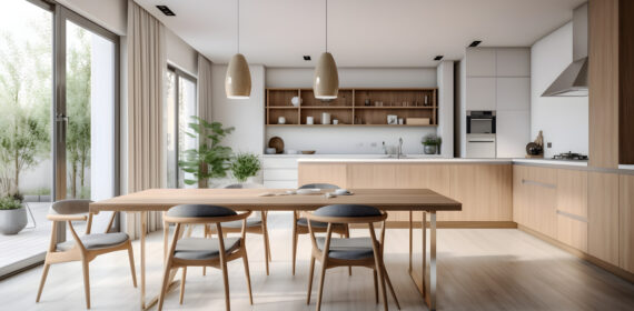 Dining room and kitchen in a new open plan home. Features White walls and ceiling and parquet floors. Beautiful furniture made of wood and marble light-colored furniture fronts